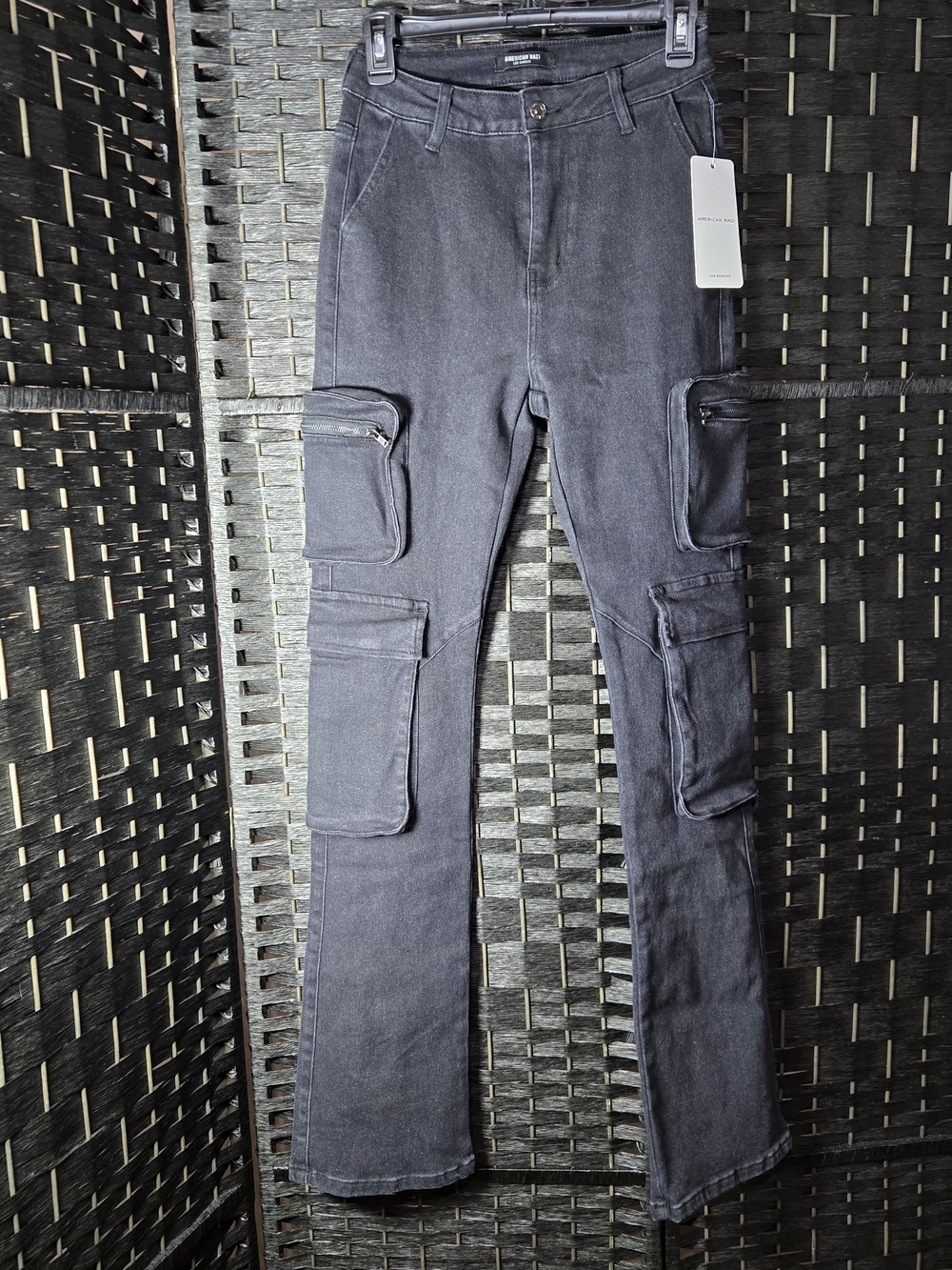 American Bazi Los Angelos Black Cargo Pocket Flare Pants NWT Small